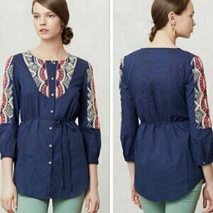 Athropologie Hei Hei Embroidered Button Down Blouse 2 Womens Blue